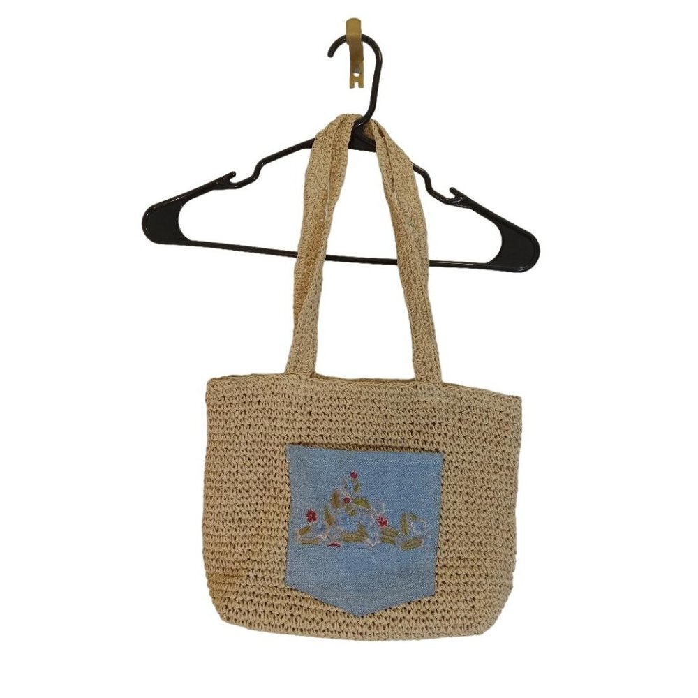 Cappelli Straworld Handbag Tote Tan Blue Embroidered Floral Front Jean Pocket